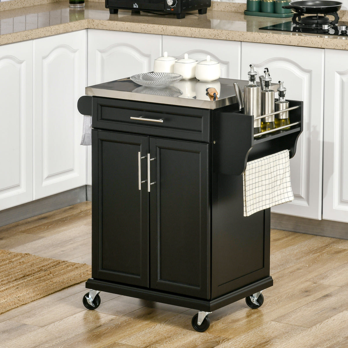 Kitchen Island with Stainless Steel Top, Rolling Kitchen Cart on Wheels with Storage Drawer, Cabinet, Towel Rack and Spice Rack (Black)