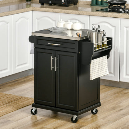 Rolling Kitchen Island with Stainless Steel Top - Black