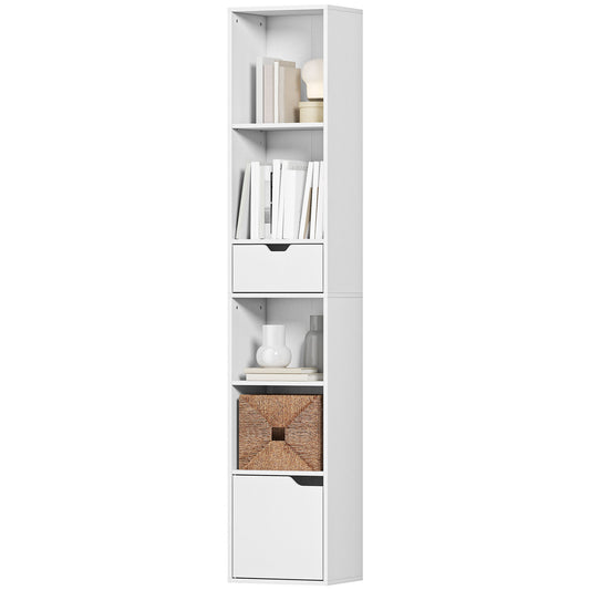 6-Tier Tall Narrow Bookshelf with Drawer and Door - White