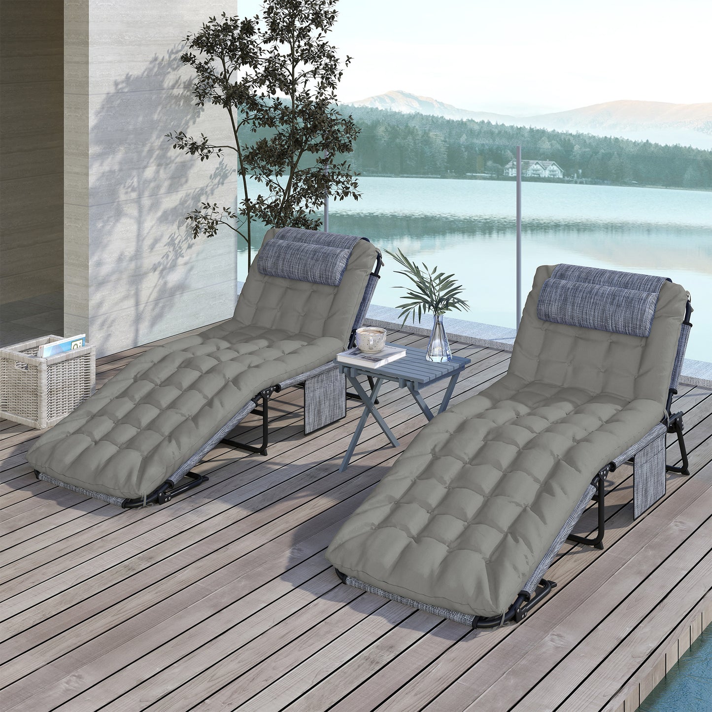 2-Piece Folding Lounge Chairs with Adjustable Backrest, Tanning Chair with Cushion, Side Pocket, Headrest, Beige