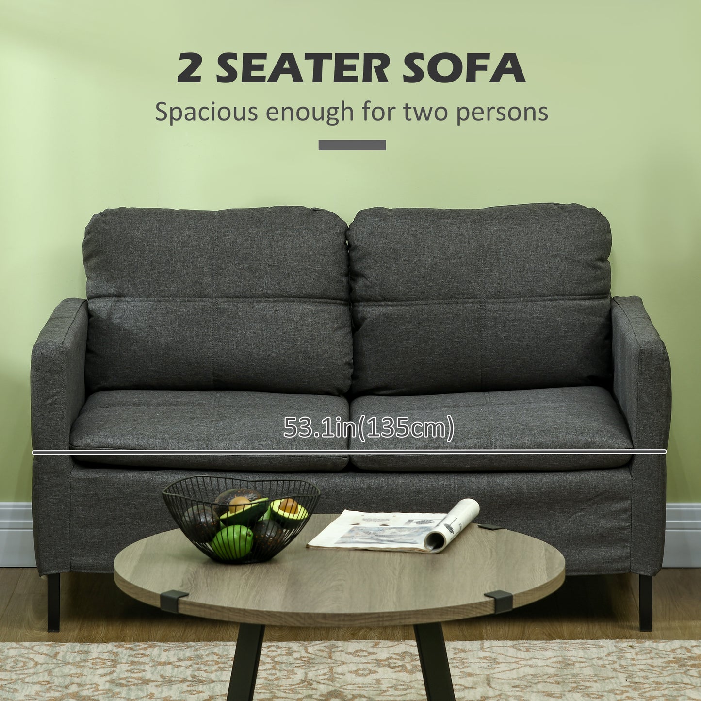53" 2 Seat Sofa, Upholstered Two Seater Couch with Sturdy Steel Legs for Bedroom, Living Room, Dark Grey