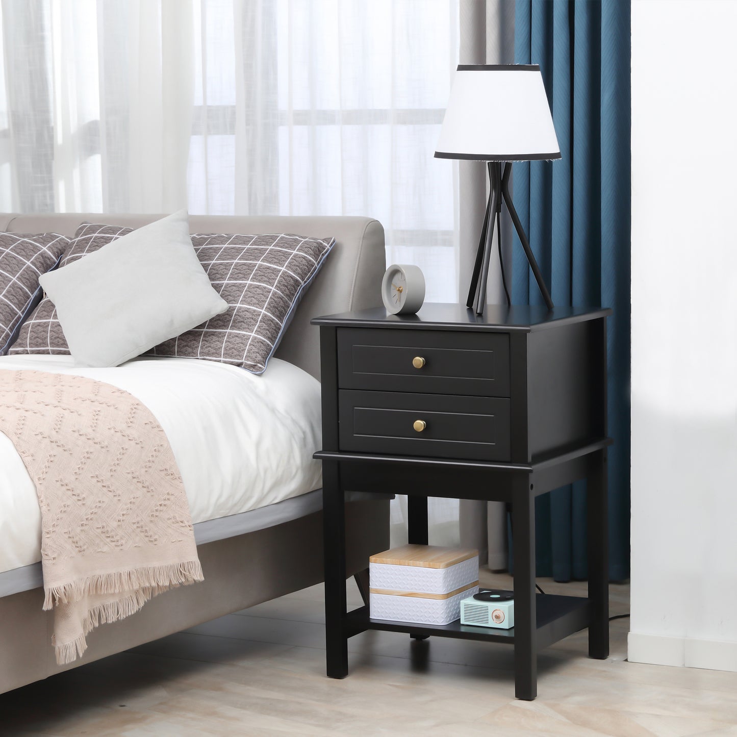Modern Sofa Side Table, Accent End Table with Drawers and Storage Shelf, Nightstand for Bedroom Living Room, Black