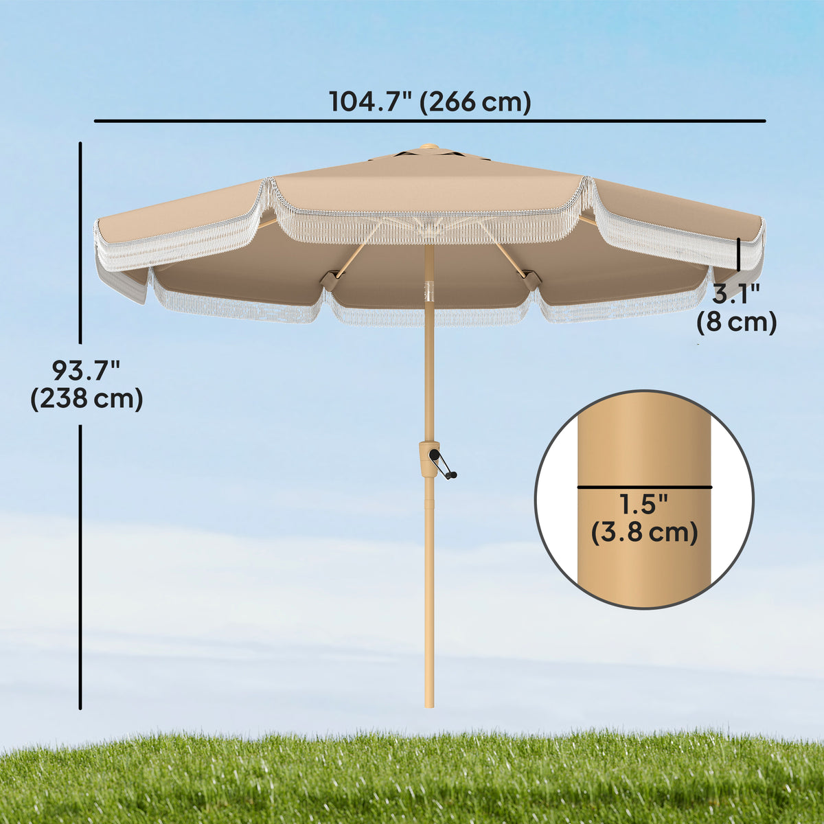 9ft Khaki Fringed Market Table Umbrella with Push Button Tilt