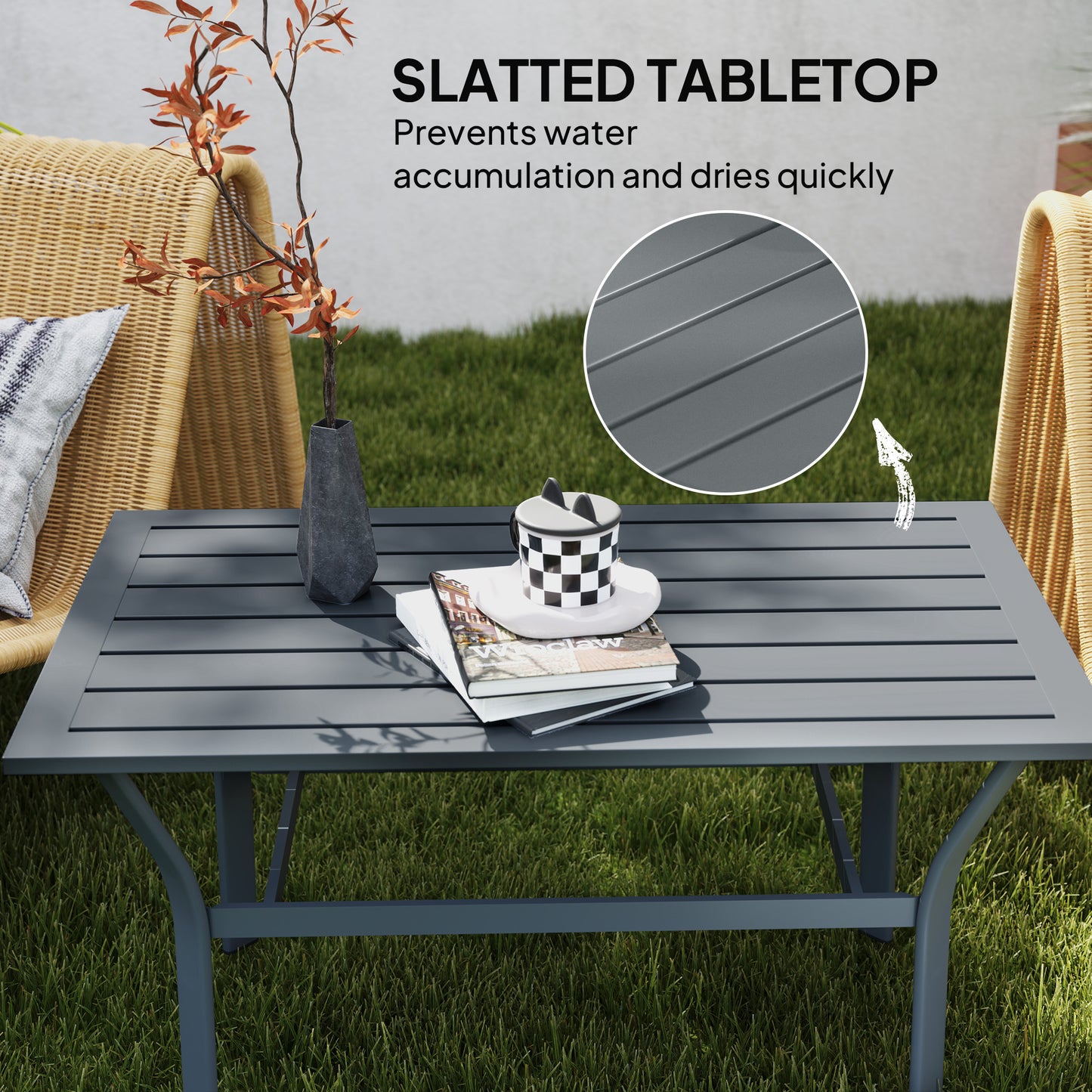 Outdoor Side Table with Slatted Tabletop, Metal Patio Coffee Table for Garden, Balcony, Black