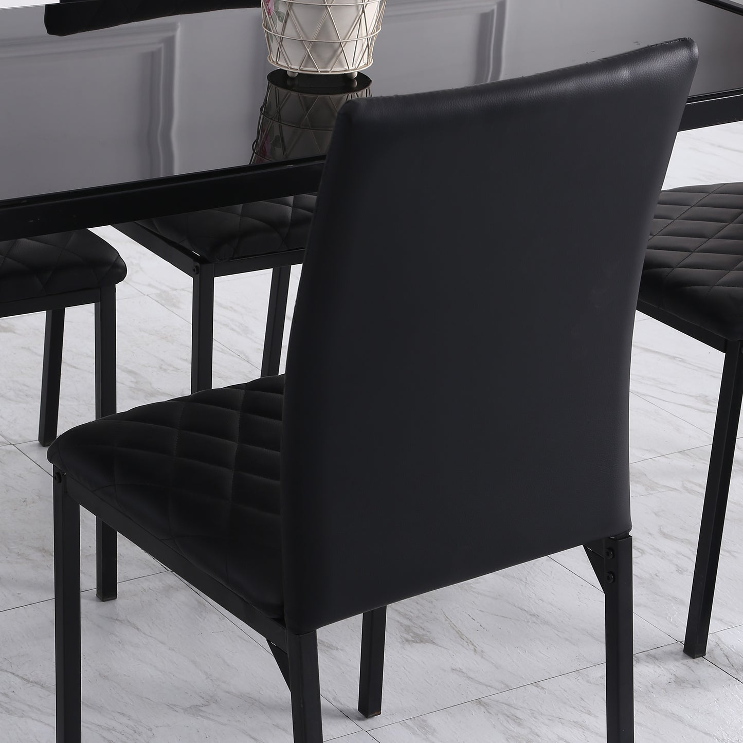 Modern Dining Chairs Set of 4, Upholstered Faux Leather Kitchen Chairs with Rhombic Tufting and Metal Legs for Living Room, Black