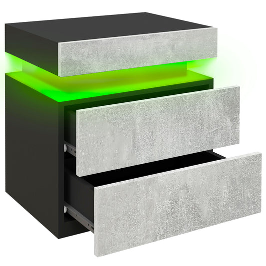 Nightstand with LED Lights and 2 Drawers - Cement Grey