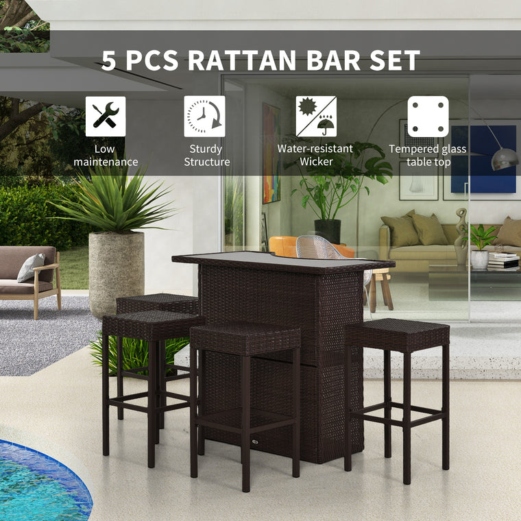 5-Piece PE Rattan Bar Set with Glass Top Table - Dark Brown