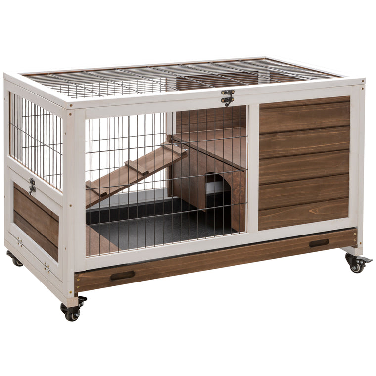 Brown Elevated Wooden Rabbit Hutch with Enclosed Run & Wheels