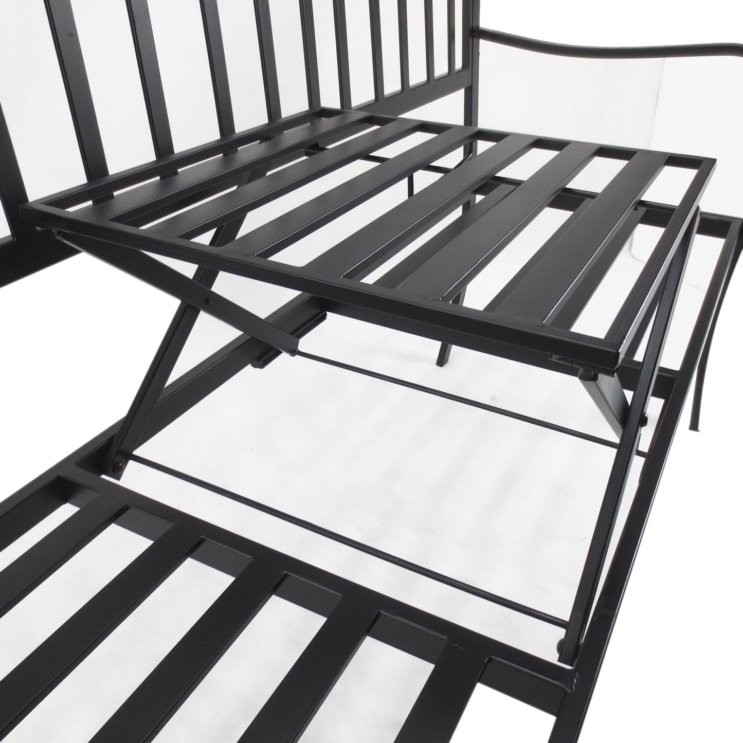 Outdoor Bench with Retractable Middle Table, Metal Frame Patio Loveseat with Slatted Seat and Backrest, Curved Armrests, Black