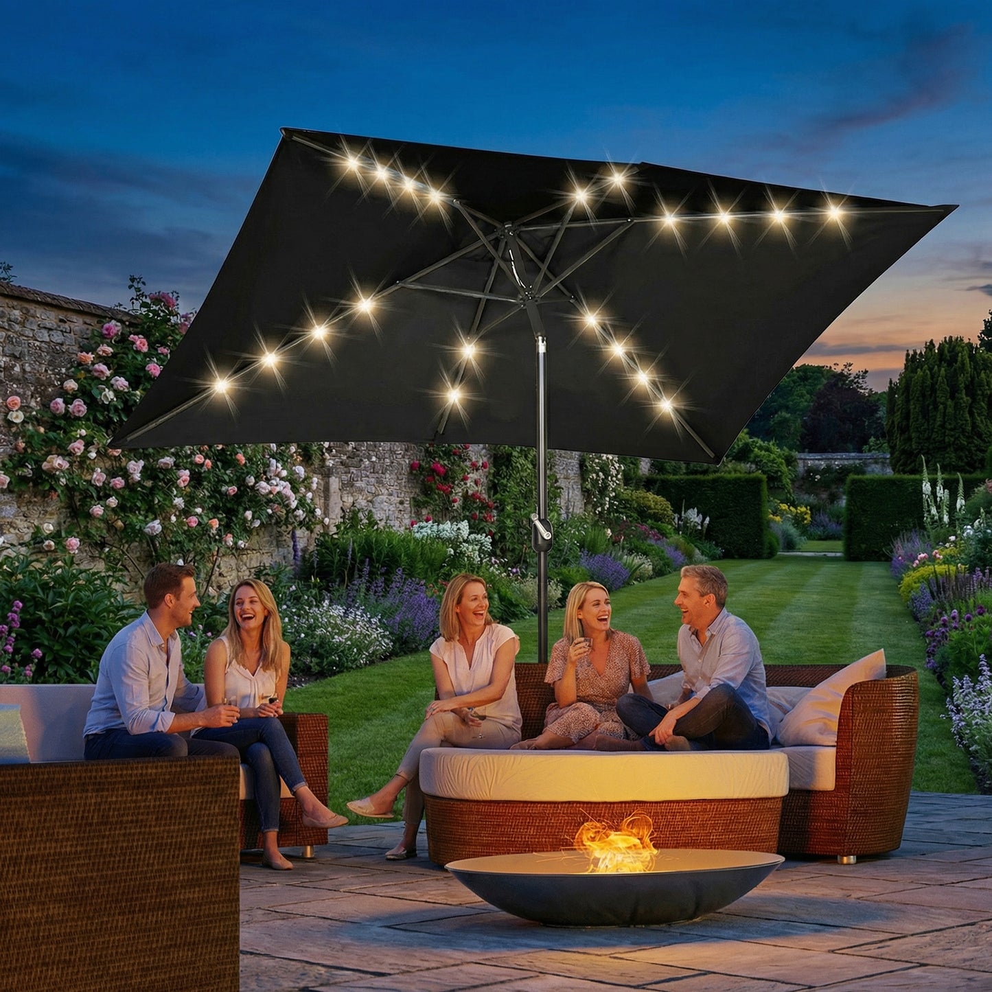 6.5x10ft Patio Umbrella, Rectangle Tilt Outdoor Market Parasol with LEDs, Black
