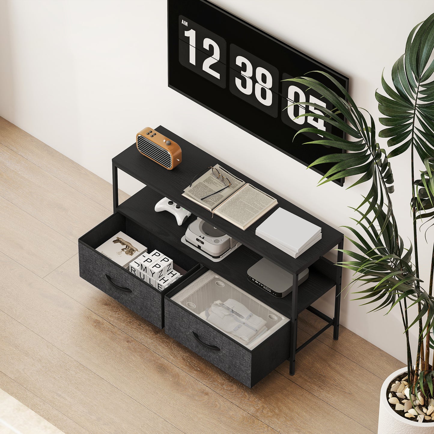 TV Stand with Charging Station, TV Table with 2 Foldable Linen Drawers and Open Shelf for 47 Inch Television, Black
