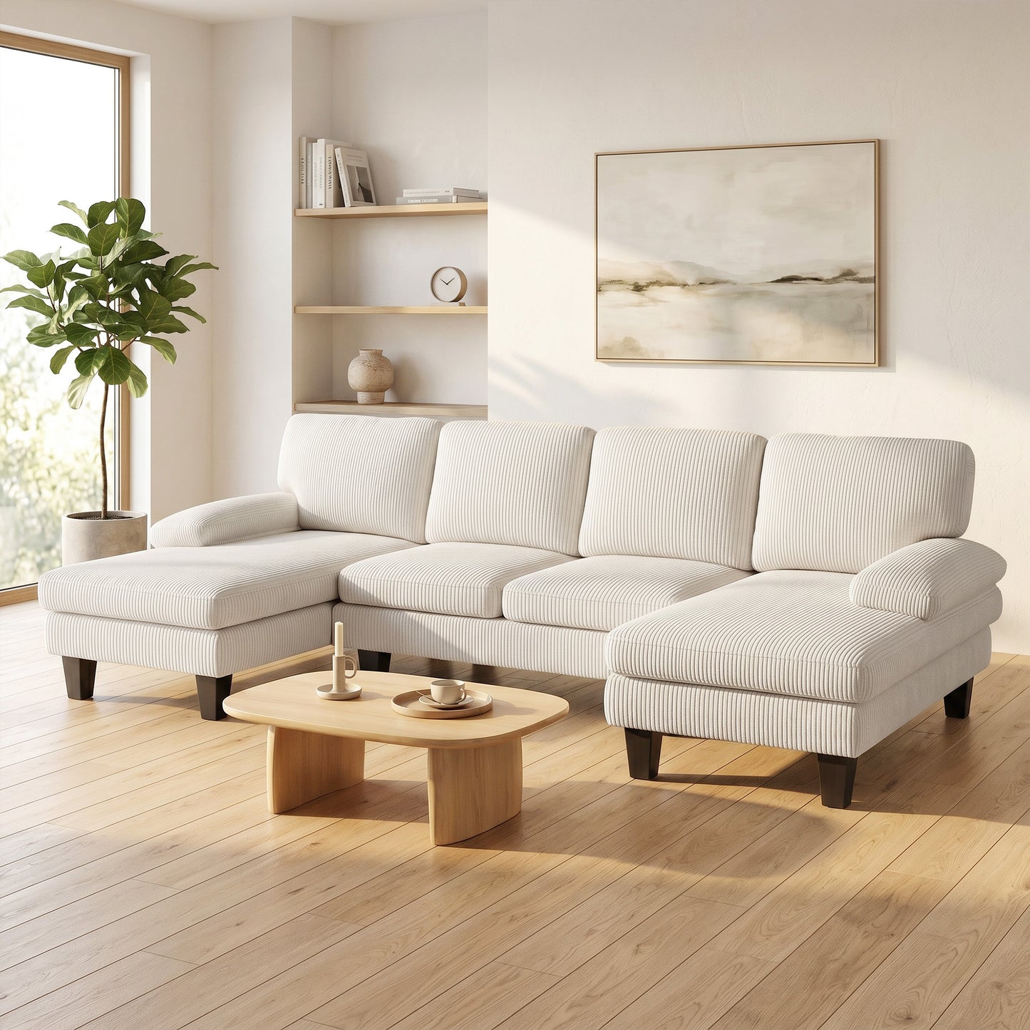Sectional Sofa, U Shaped Couch with Double Chaise, Pillow-top Armrests and Spring Cushions, 2200lb Capacity, Beige