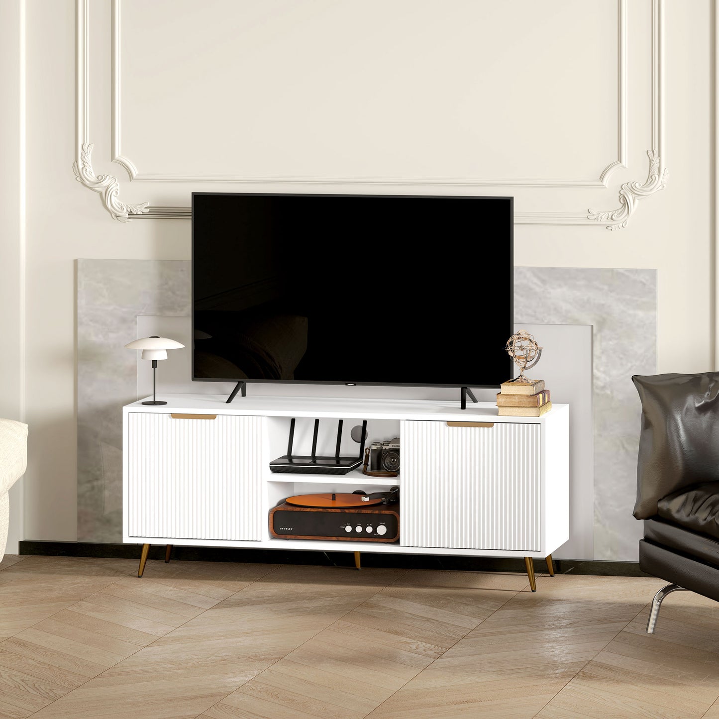 TV Stand with Storage for 55 Inch TV, Modern TV Cabinet with 2 Open Shelves and 2 Cabinets for Living Room, White
