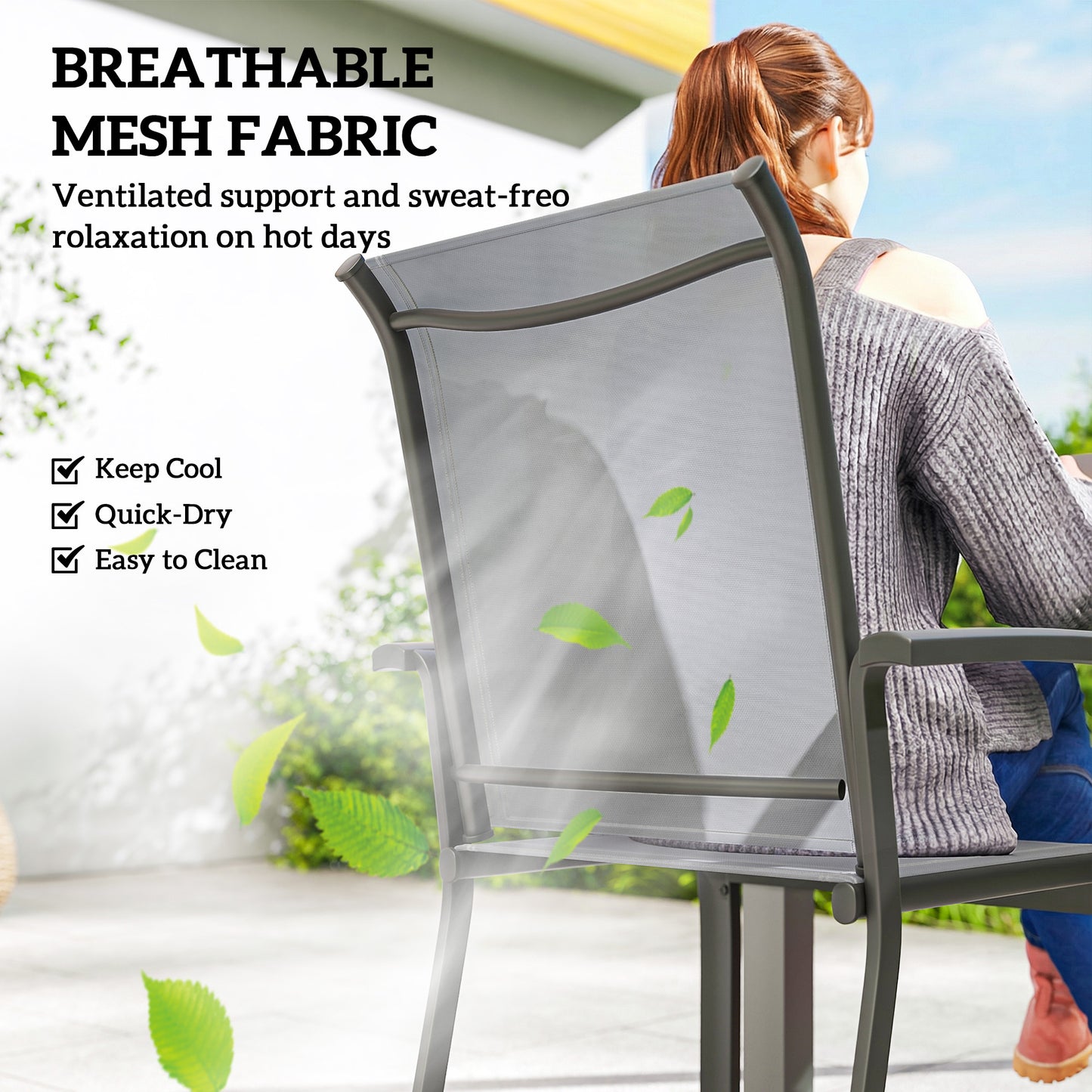 Stackable Patio Chairs Set of 4, Outdoor Dining Chairs with All Weather Breathable Mesh and Armrests, Grey