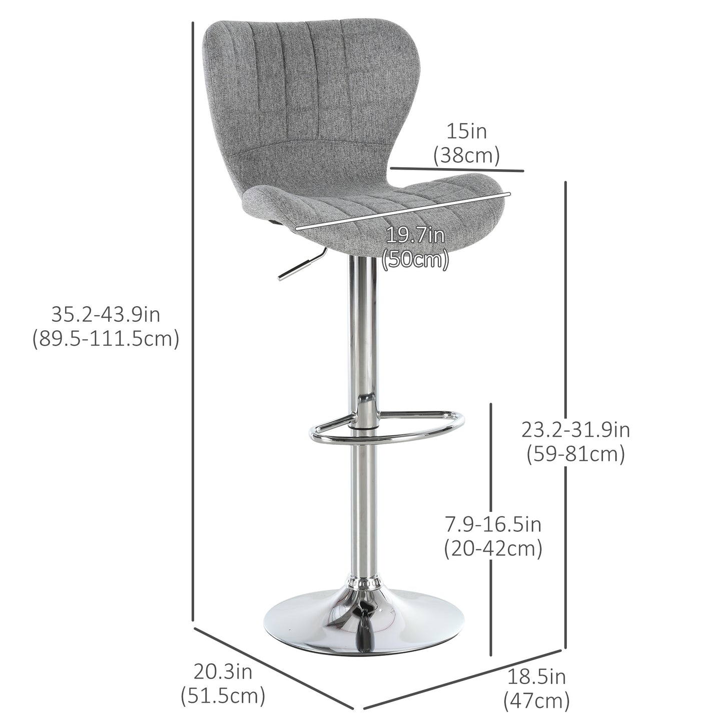 Set of 2 Counter Height Bar Stools Swivel Stool Height Adjustable Bar Chairs with Footrest for Kitchen Dining Home Pub, Grey