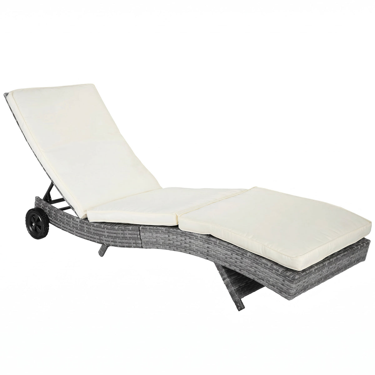 Outdoor Adjustable Wicker Chaise Lounge Chair with Cushion & Wheels for Patio, Deck, Poolside, Cream White