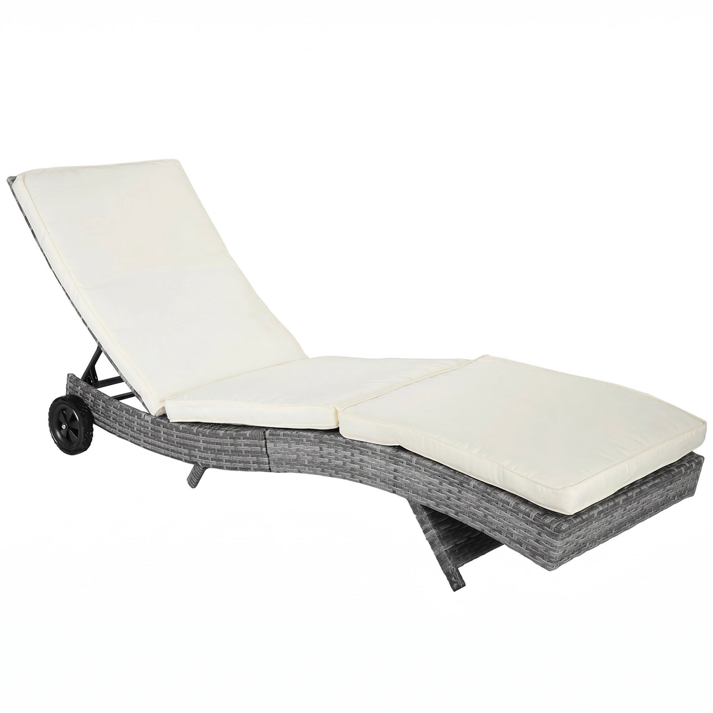 Outdoor Adjustable Wicker Chaise Lounge Chair with Cushion & Wheels for Patio, Deck, Poolside, Cream White