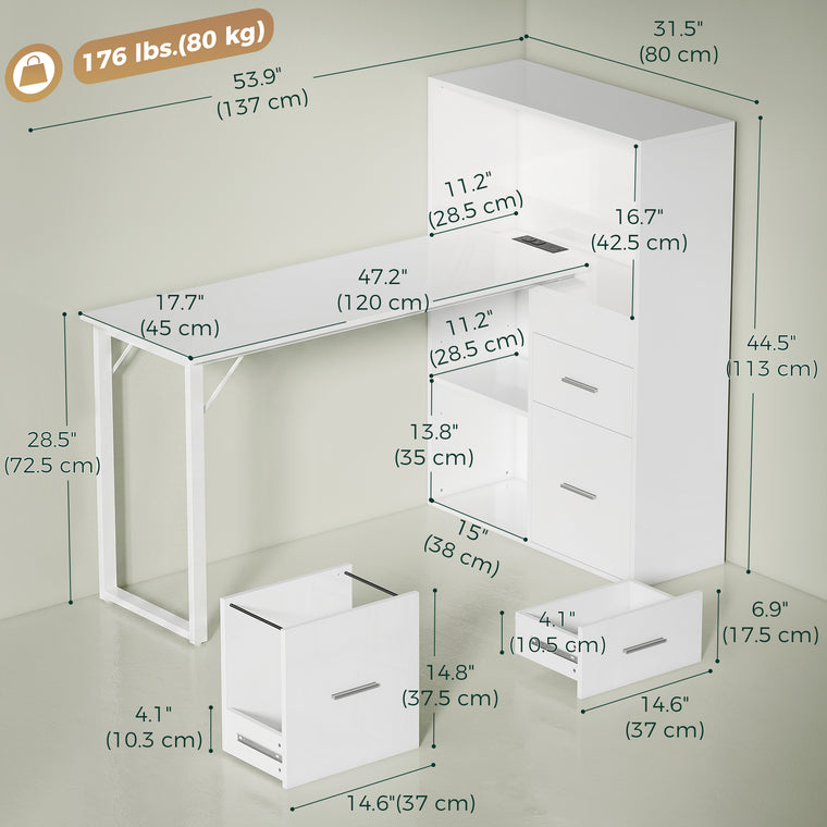 54" Computer Desk with Drawers and LED Lights - White