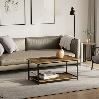 Industrial 2-Tier Coffee Table with Shelf - Rustic Brown