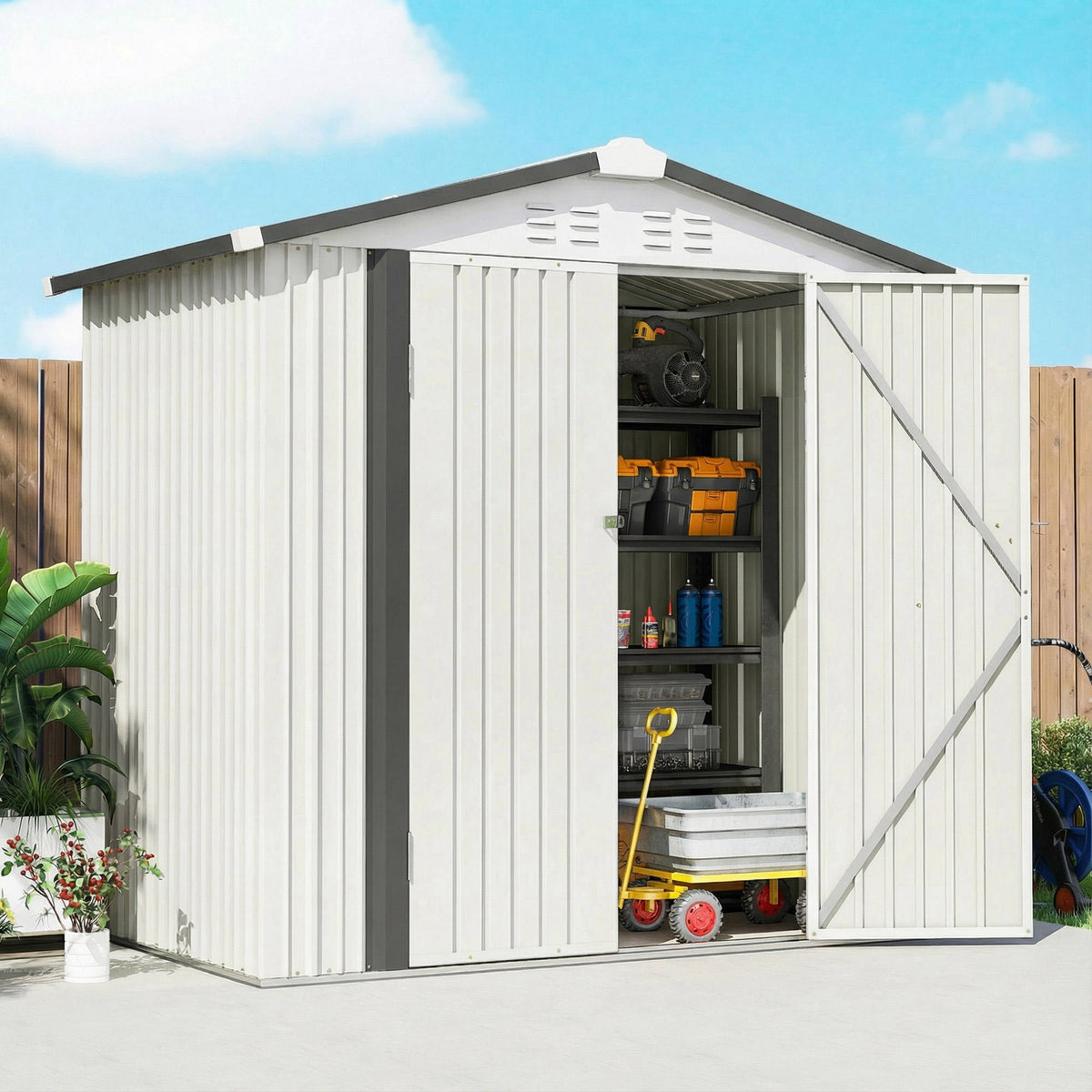 6.5' x 4' Metal Garden Shed with Lockable Doors - Silver-White