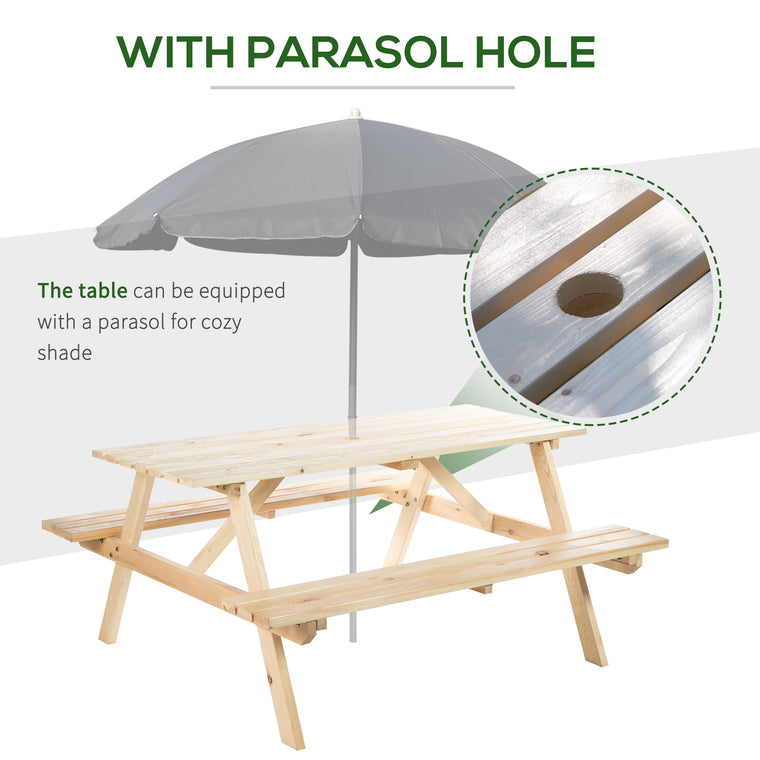 Wood Picnic Table and Bench Set with Umbrella Hole - Natural