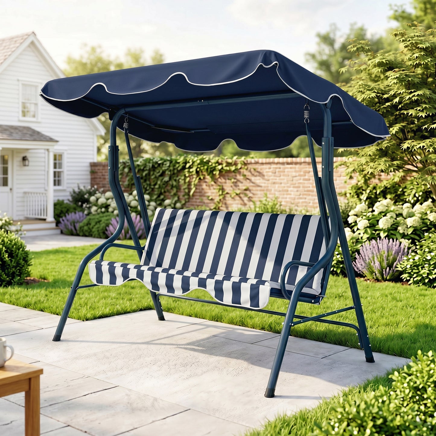 Outdoor Porch Swing with Adjustable Canopy, 3-Seater Patio Swing Chair with Cushion, Black - Blue