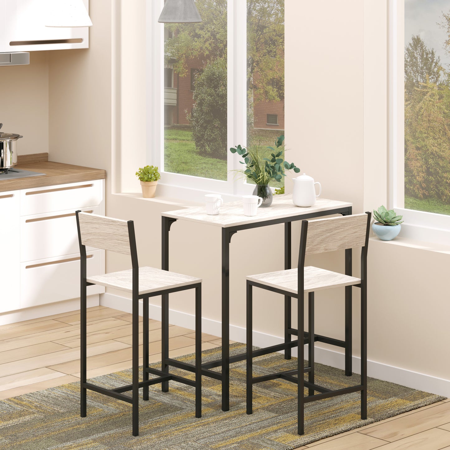 Industrial Bar Table Set Counter Height 3 Piece and 2 High Back Stools Set Dining Table Set Natural Wood