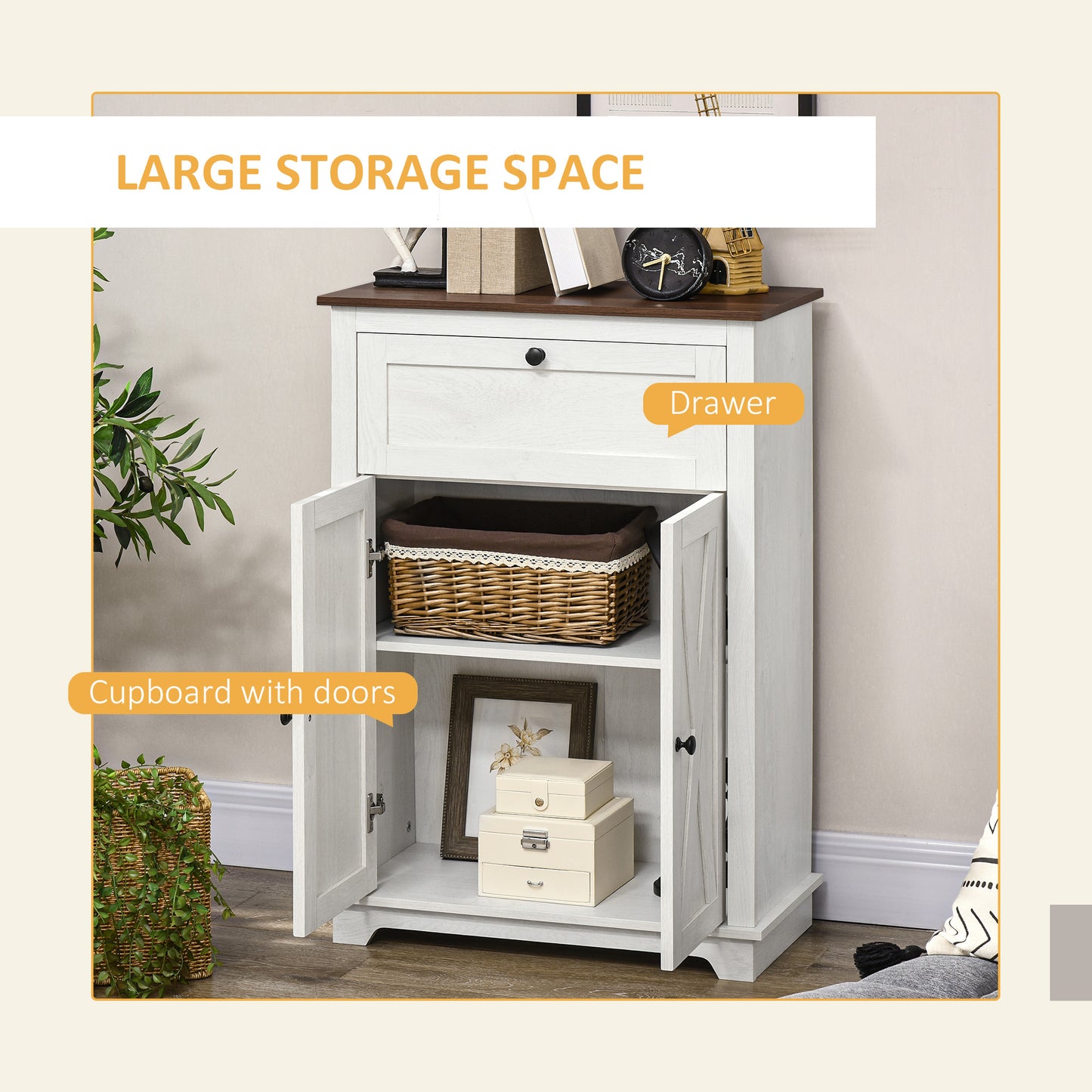 Farmhouse Sideboard Storage Cabinet with Doors and Drawer for Kitchen, Living room, 23.6" x 11.8" x 34.4", White