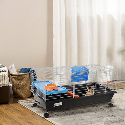 Black Rolling Bunny & Guinea Pig Cage with Platform & Ramp