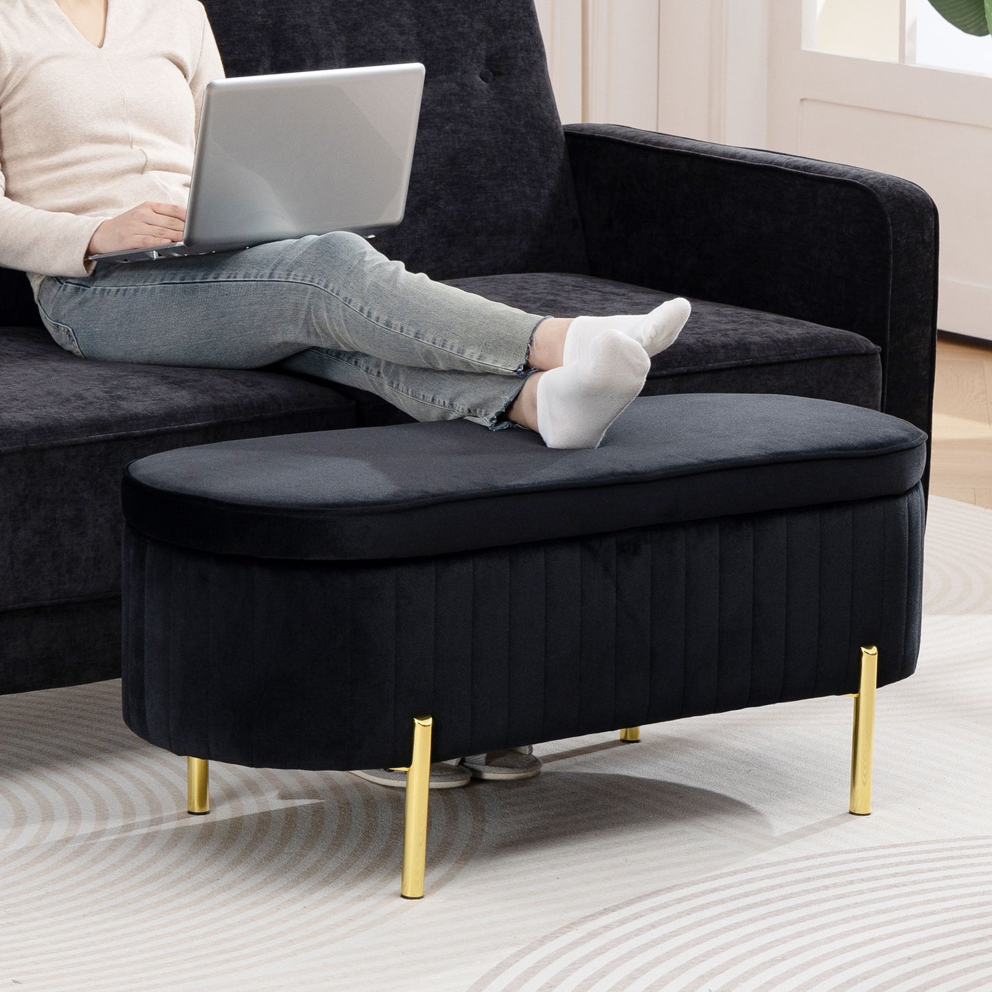 Upholstered Bedroom Bench, Channel Tufted Ottoman Bench with Thick Padding and Metal Legs, Black