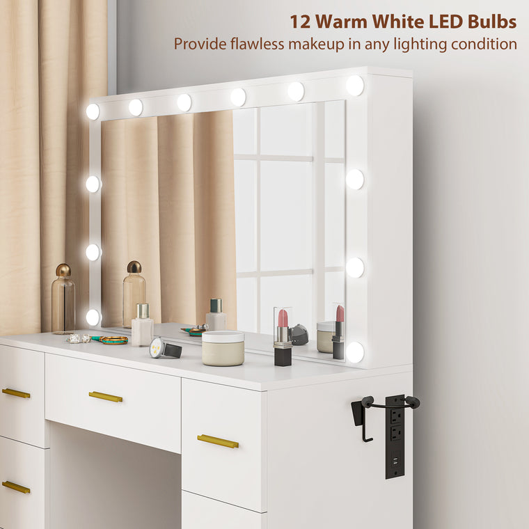 7-Drawer Makeup Vanity Desk with Lighted Mirror - White