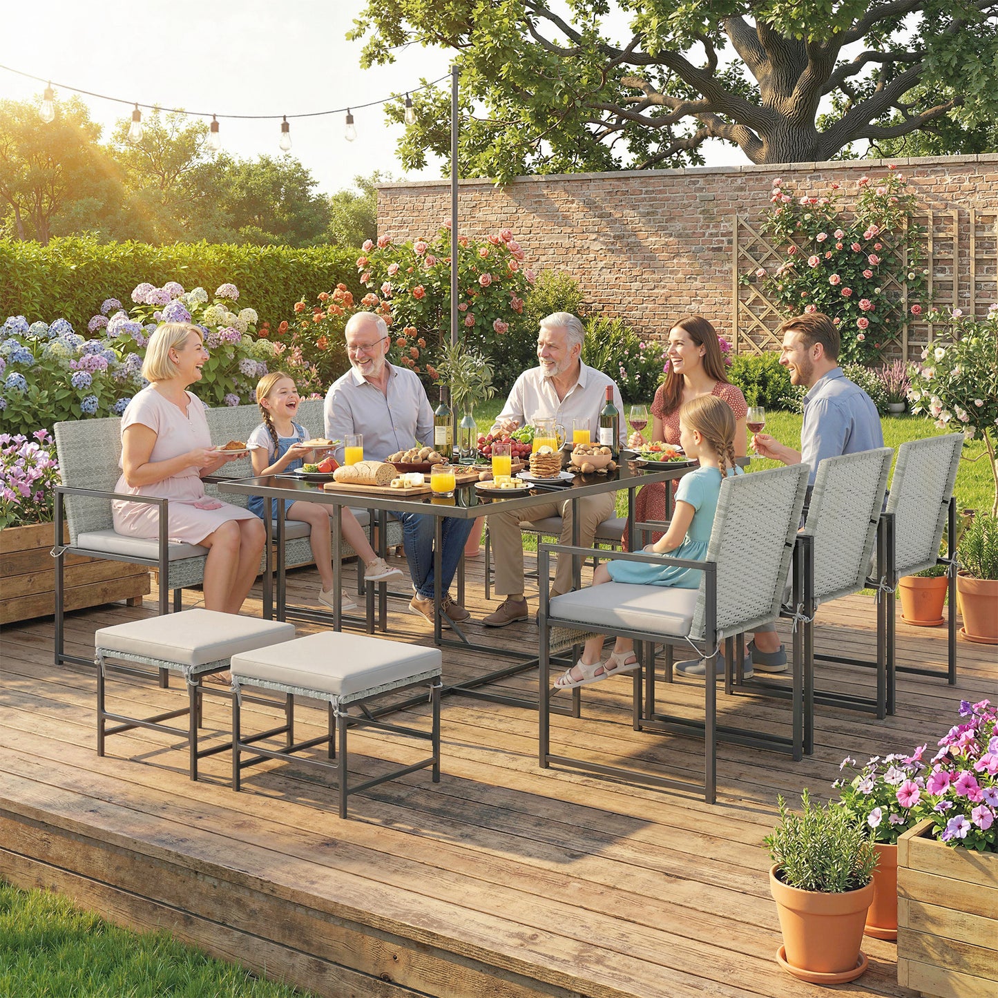 11 Pieces Wicker Patio Dining Set, Rattan Outdoor Furniture Set with 6 Armchairs, 4 Stools, Light Grey