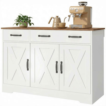 43" Farmhouse Sideboard Buffet Cabinet with 3 Barn Doors - White