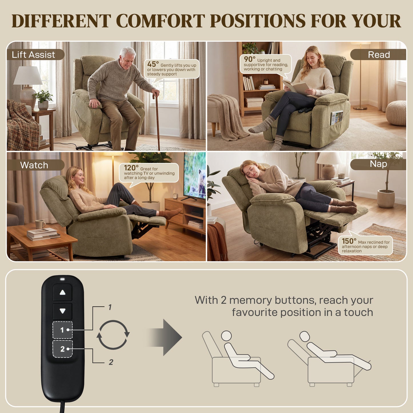 Power Recliner Chair with Massage, Electric Lift Chair for Elderly with Side Pockets, 2 Memory Positions, Remote, Brown