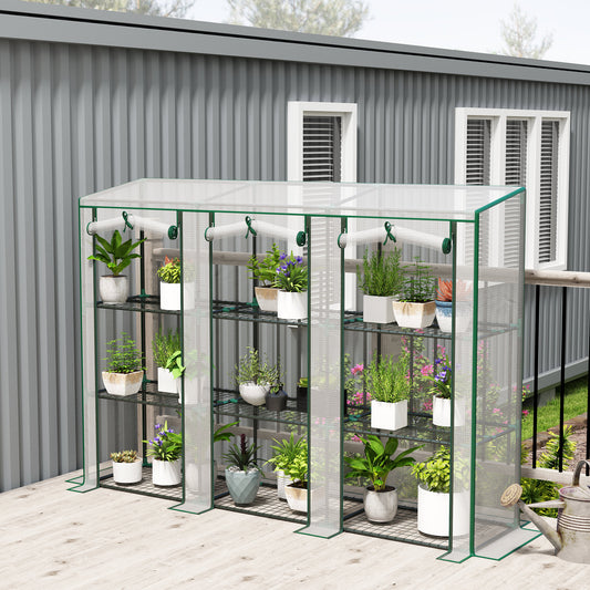 Lean-to Greenhouse with 3 Tier Shelves, Mini Greenhouse with 3 Roll-Up Doors for Indoor Outdoor, White
