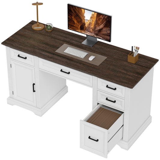 58" Executive Desk with Soft-Close File Drawer - White