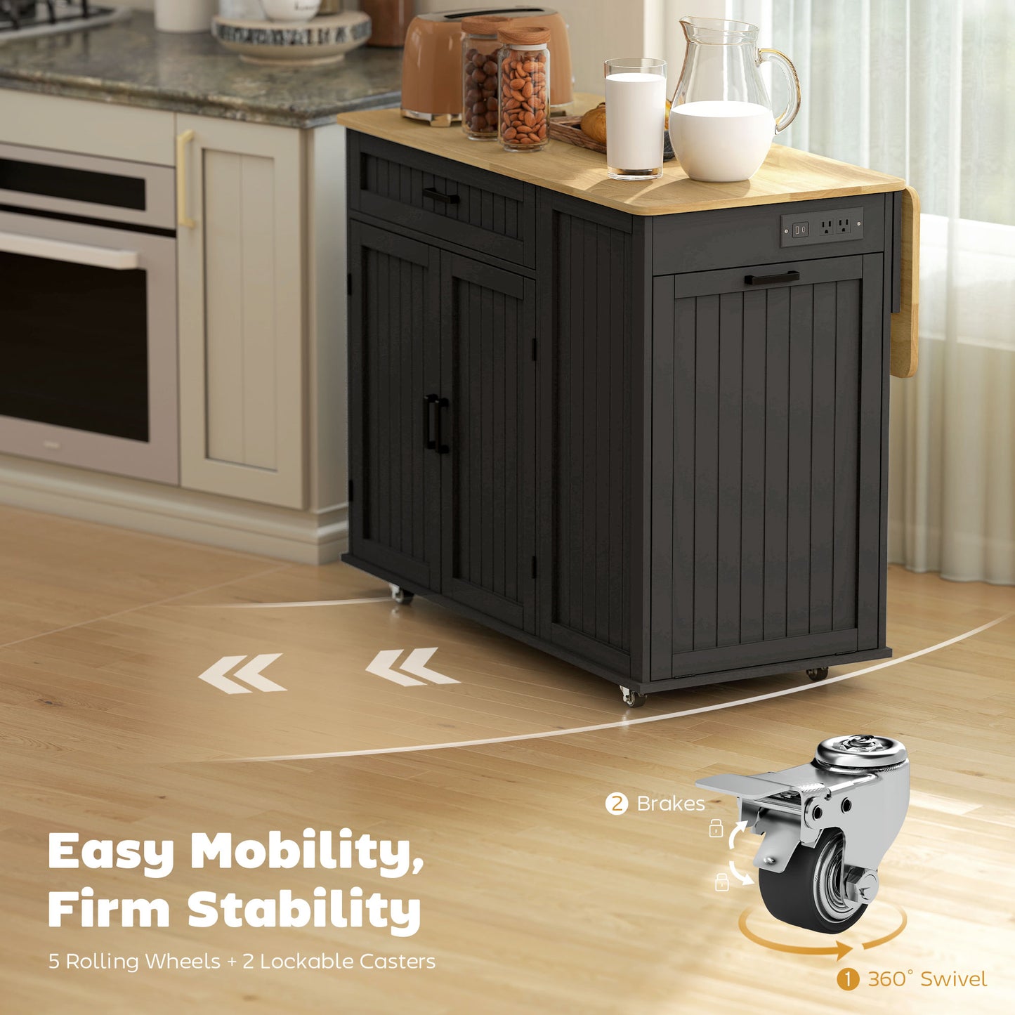 Kitchen Island Cart, Portable Kitchen Island Table with Charging Station, Rubber Wood Drop Leaf, Trash Storage, Black