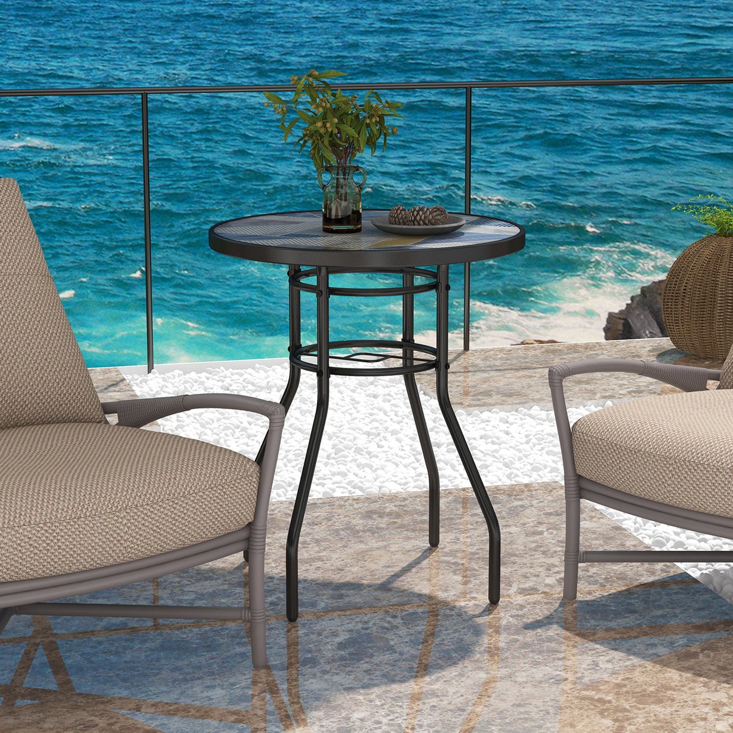 23.6" Round Patio Table, Outdoor Side Table with Glass Printed Top, Multicolour