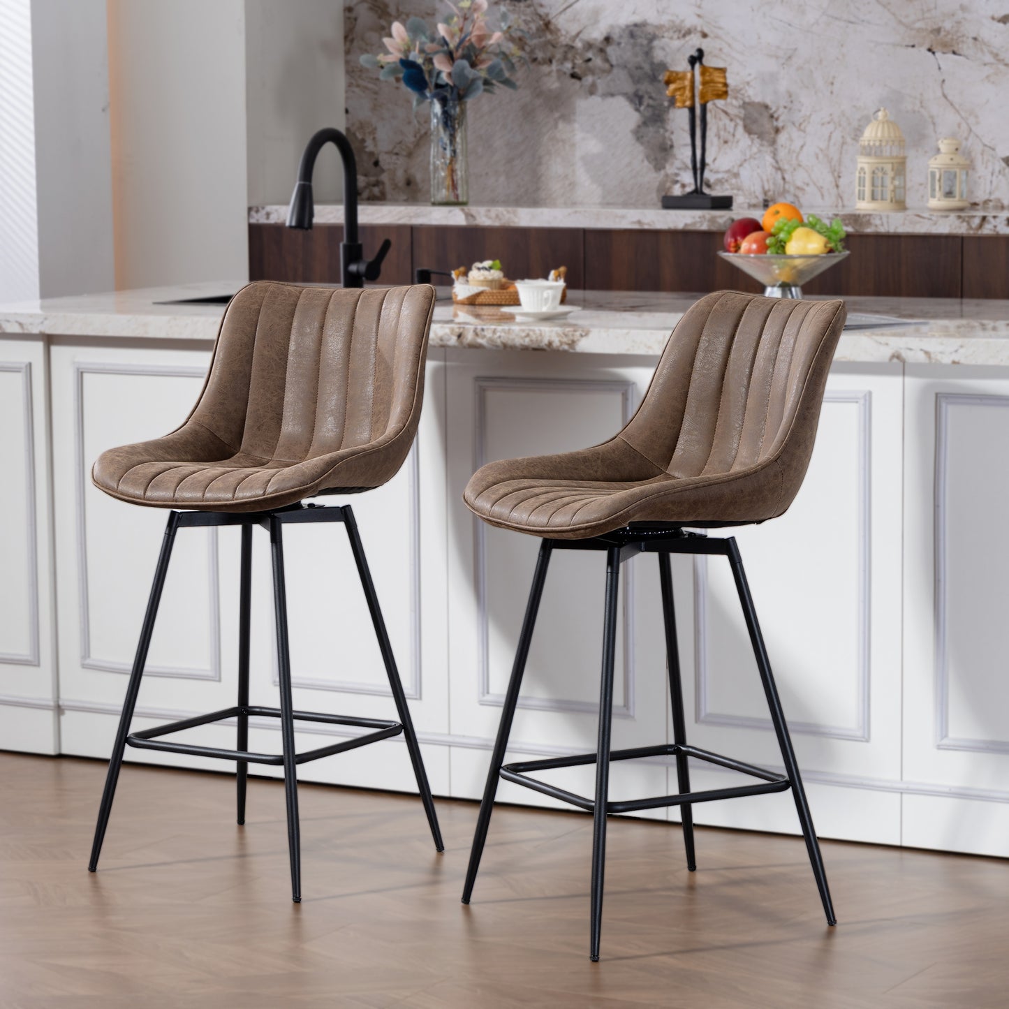 Set of 2 Counter Height Barstools, PU Leather Upholstered Bar Stools with Backrest, Footrest and Steel Legs, Brown