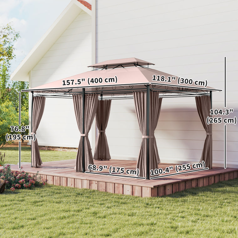 10' x 13' Khaki Gazebo with 2-Tier Roof & Curtains