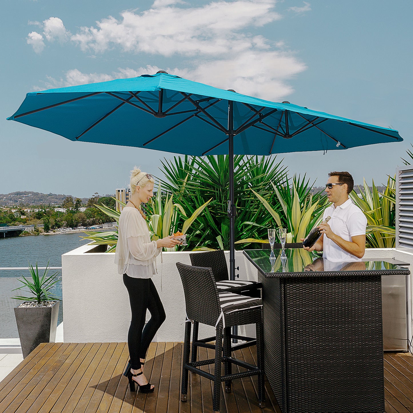 15ft Double-sided Patio Umbrella with Twin Canopy, Extra Large Outdoor Parasol with Crank for Pool, Deck, Market, Sky Blue