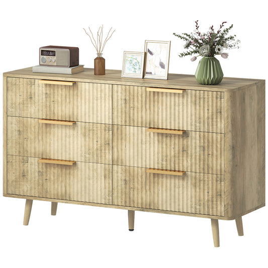 Fluted 6-Drawer Dresser with Pine Legs - Oak
