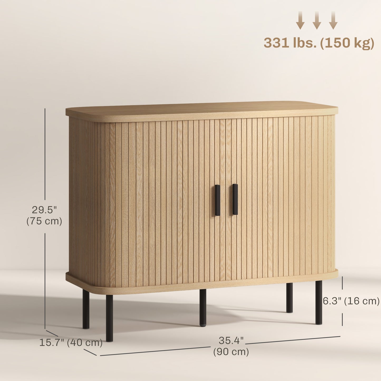 35.4" Sideboard Buffet Cabinet with Storage, Nordic Coffee Bar Cabinet with Slatted Tambour Doors and Metal Legs, Oak