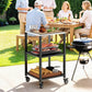 Outdoor Grill Cart, Pizza Oven Stand with Stainless Steel Top, 3-Tier Rolling Kitchen Prep Station with Wheels, Black