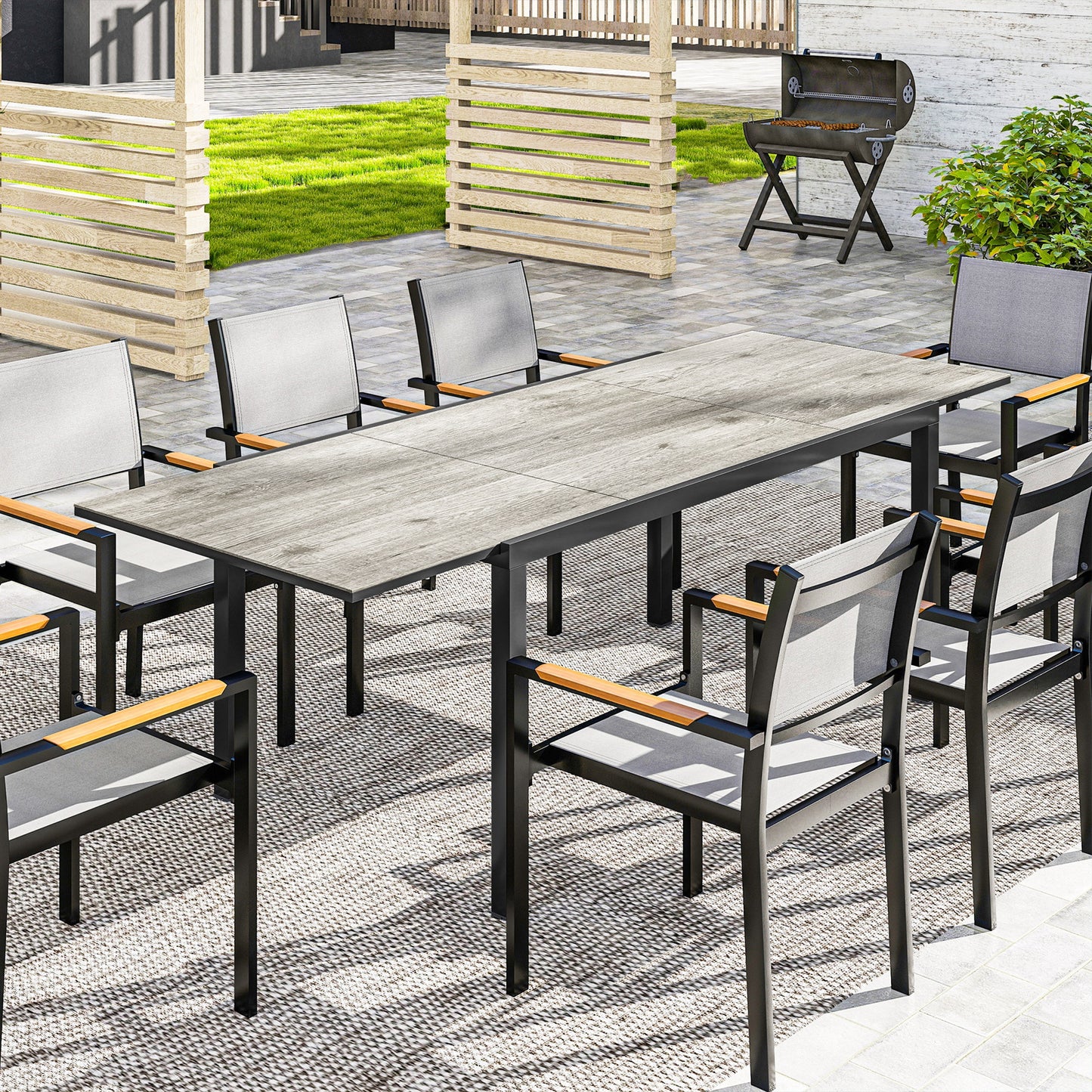 63"-94.5" Extendable Patio Dining Table for 6-8 Person, Outdoor Dining Table with Aluminium Edging, Steel Frame, Grey