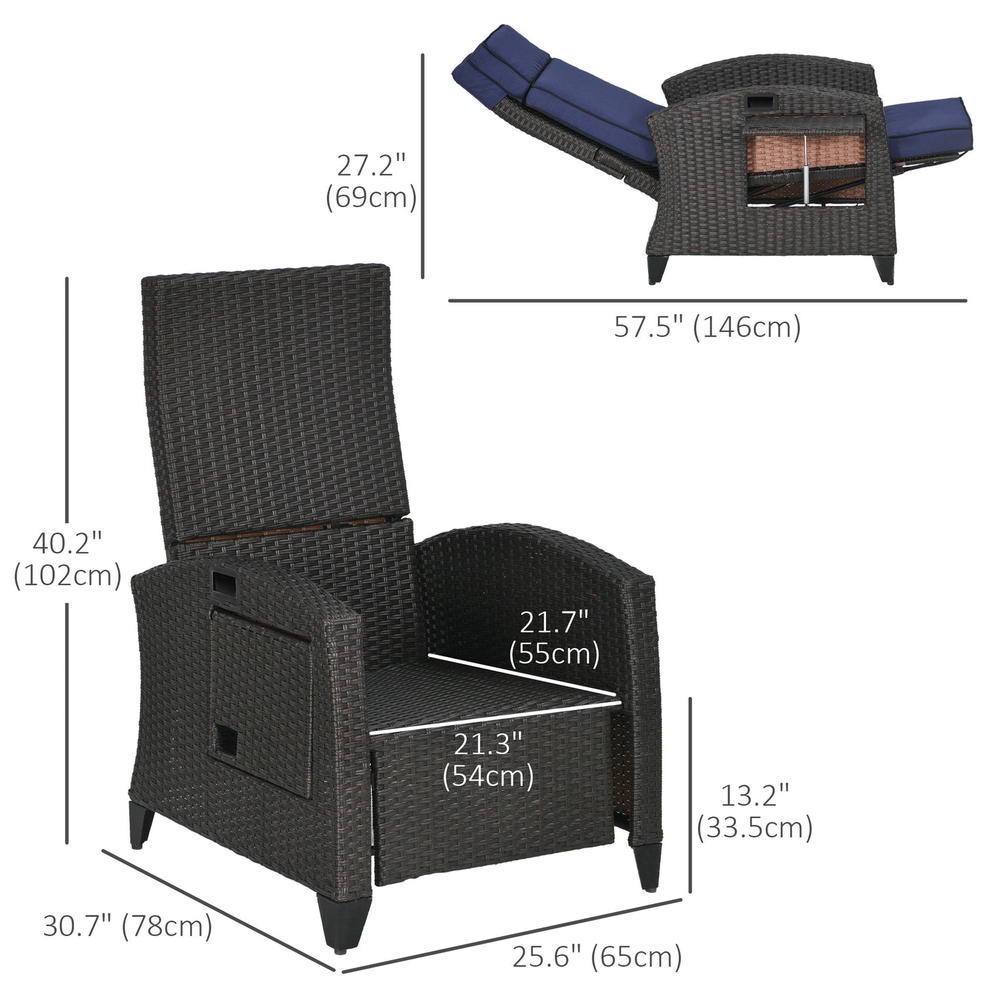 Outdoor Recliner Chair with Adjustable Backrest, Cushion, Side Tray, Black