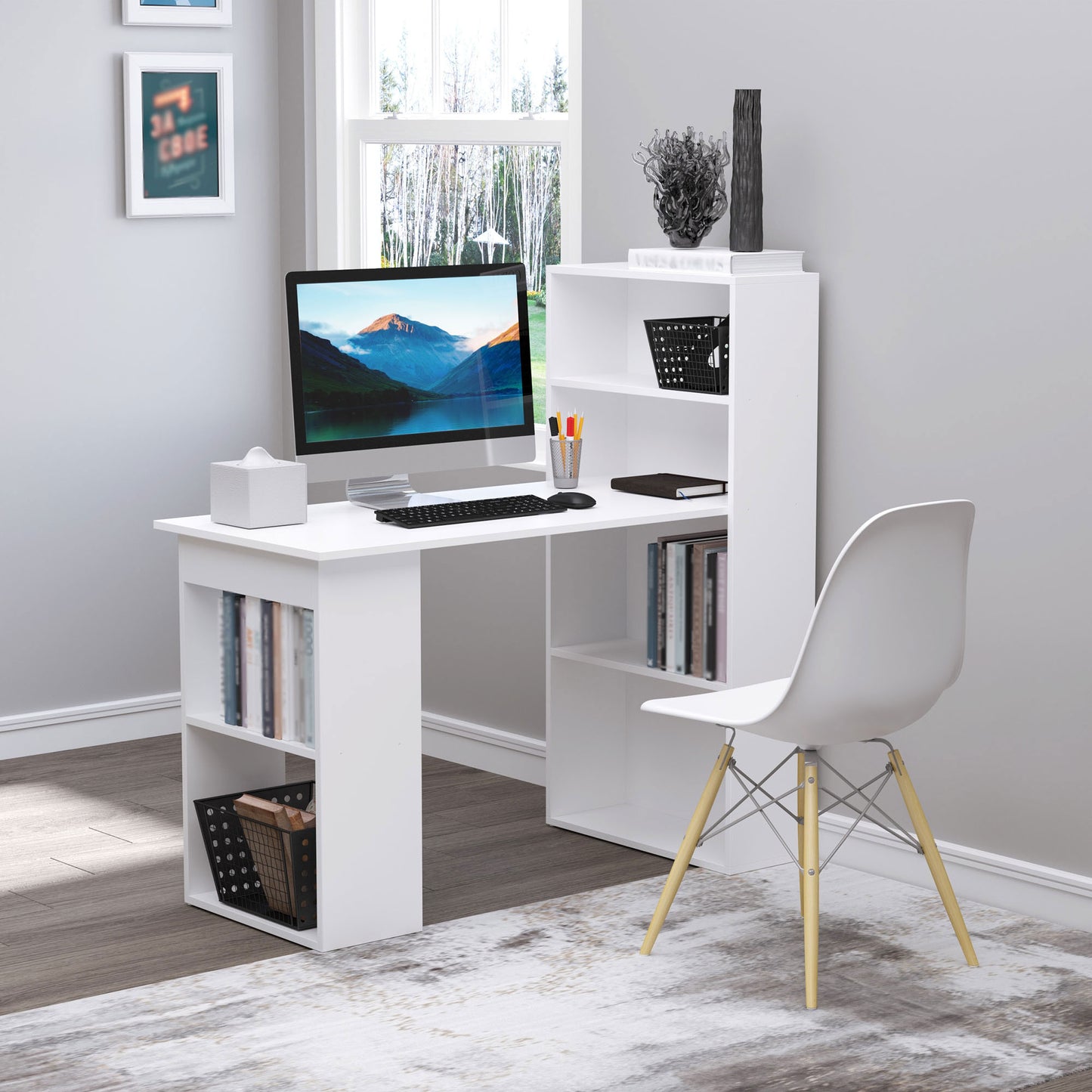 Modern Computer Desk with Storage Shelves, 47" Writing Table Workstation with Bookshelf for Home Office, White