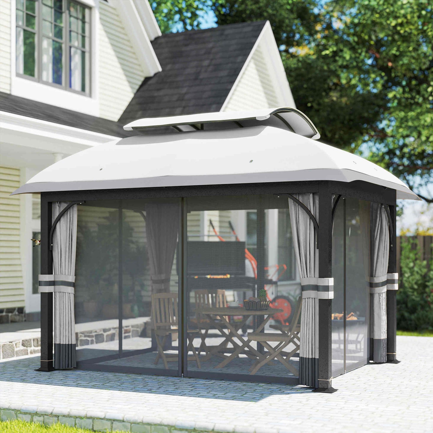 11' x 13' Patio Gazebo, Double Roof Outdoor Gazebo Canopy with Netting & Curtains, Galvanized Metal Frame, Light Grey