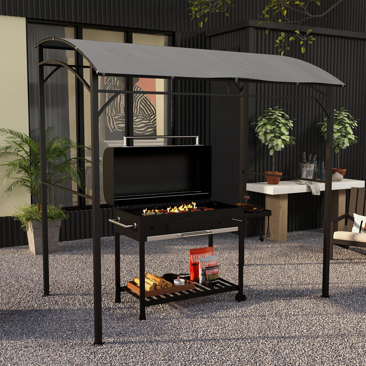 7' x 5' Garden Grill Canopy, BBQ Grill Gazebo Tent with Steel Frame and Hooks, Outdoor Sun Shade, Grey
