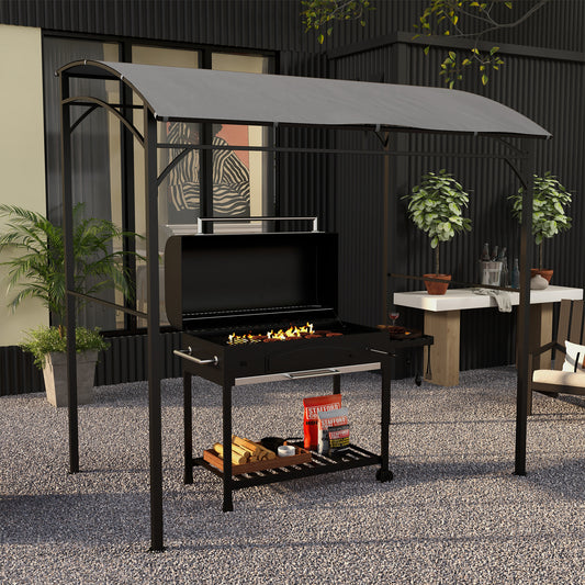 7' x 5' Garden Grill Canopy, BBQ Grill Gazebo Tent with Steel Frame and Hooks, Outdoor Sun Shade, Grey
